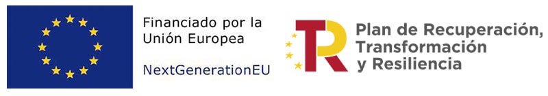 Bandera de la Unión Europea con el texto "Financiado por la Unión Europea. NextGenerationEU". Logotipo y texto del "Plan de Recuperación, Transformación y Resiliencia".